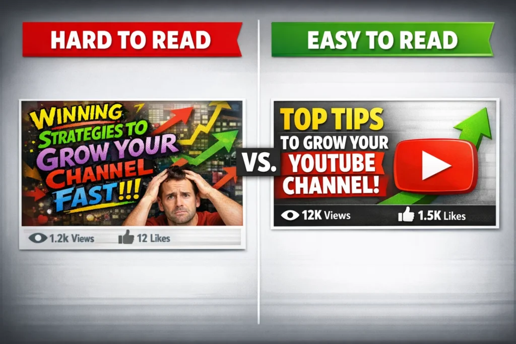 Comparison of hard-to-read and easy-to-read YouTube thumbnail font showing how clear typography increases views and engagement