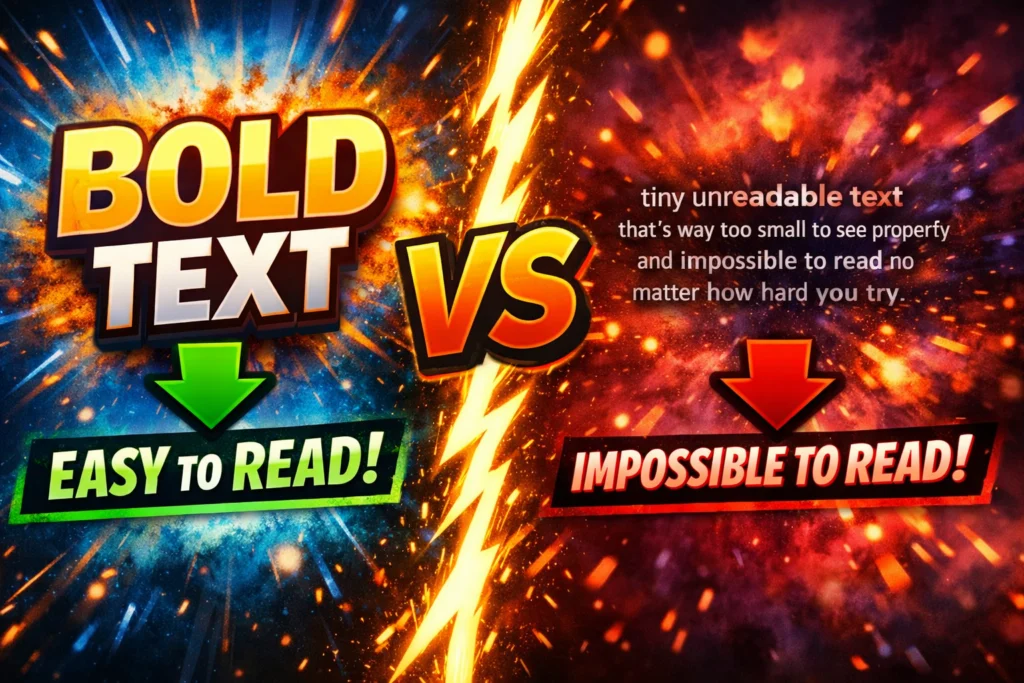 Mobile friendly YouTube thumbnail readability comparison YouTube thumbnail shown at small mobile size with readable bold text vs unreadable small text