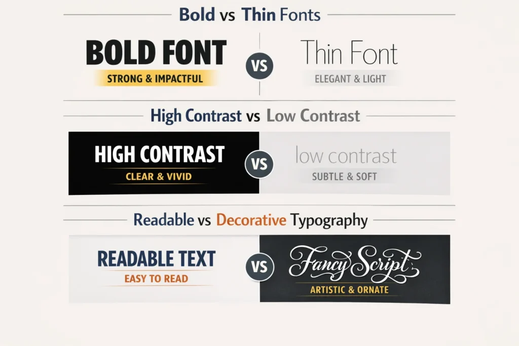 Infographic chart comparing Bold vs Thin fonts, High vs Low Contrast colors, and Readable vs Decorative typography styles.