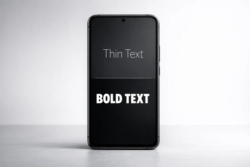 Smartphone screen displaying a typography comparison: "Thin Text" is faint and difficult to read, while "BOLD TEXT" is sharp and highly visible, demonstrating the importance of heavy font weights for mobile YouTube viewers.