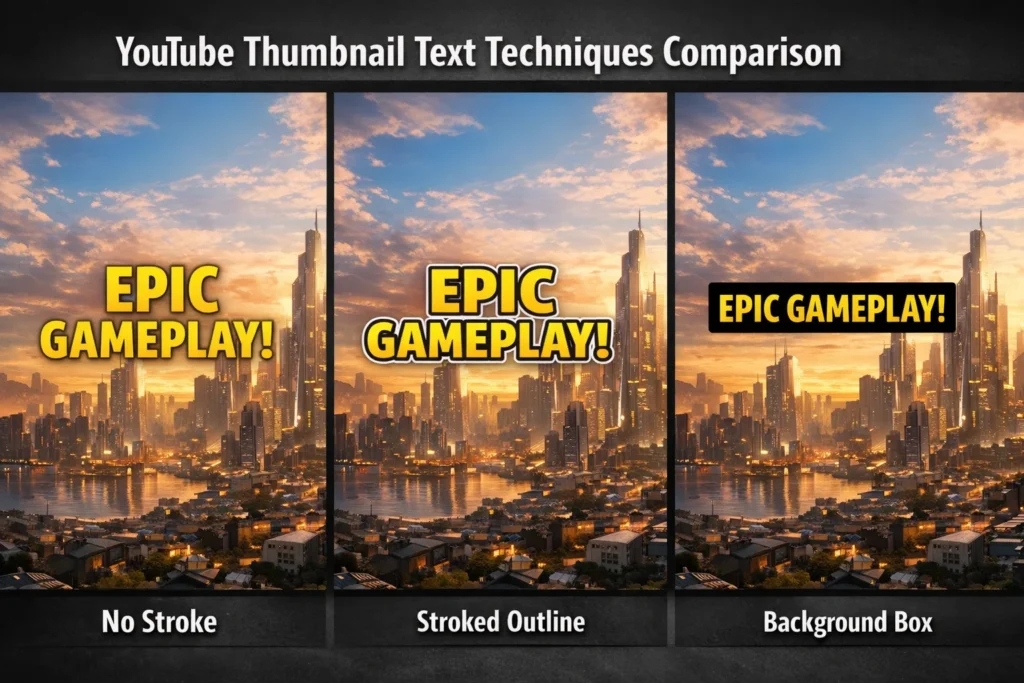 YouTube thumbnail text styling techniques using stroke outline and background box