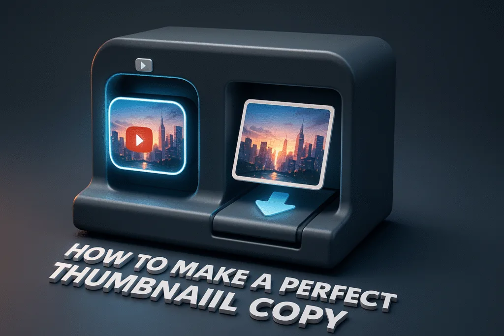 A graphic illustrating how to make a thumbnail copy, showing a YouTube video thumbnail being duplicated into a clean image file.