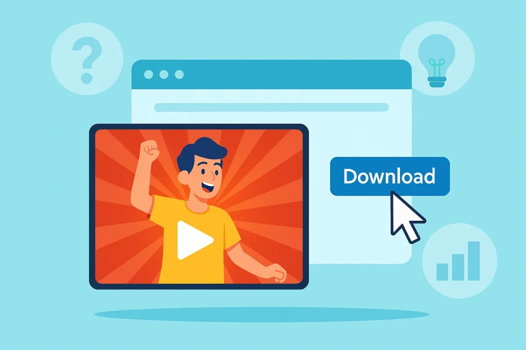 An illustration showing a YouTube video thumbnail being downloaded to a computer using a thumbnail downloader tool.