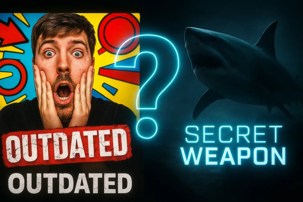 A side-by-side comparison showing MrBeast's old thumbnail strategy (busy and loud) versus his new thumbnail strategy (clean and cinematic) to illustrate the change.