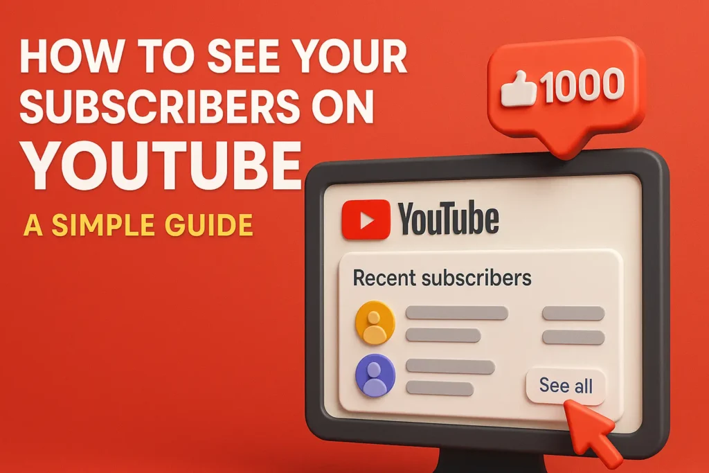 3D illustration of a YouTube Studio screen showing recent subscribers with a "See all" button, red background, and "How to See Your Subscribers on YouTube: A Simple Guide" text.