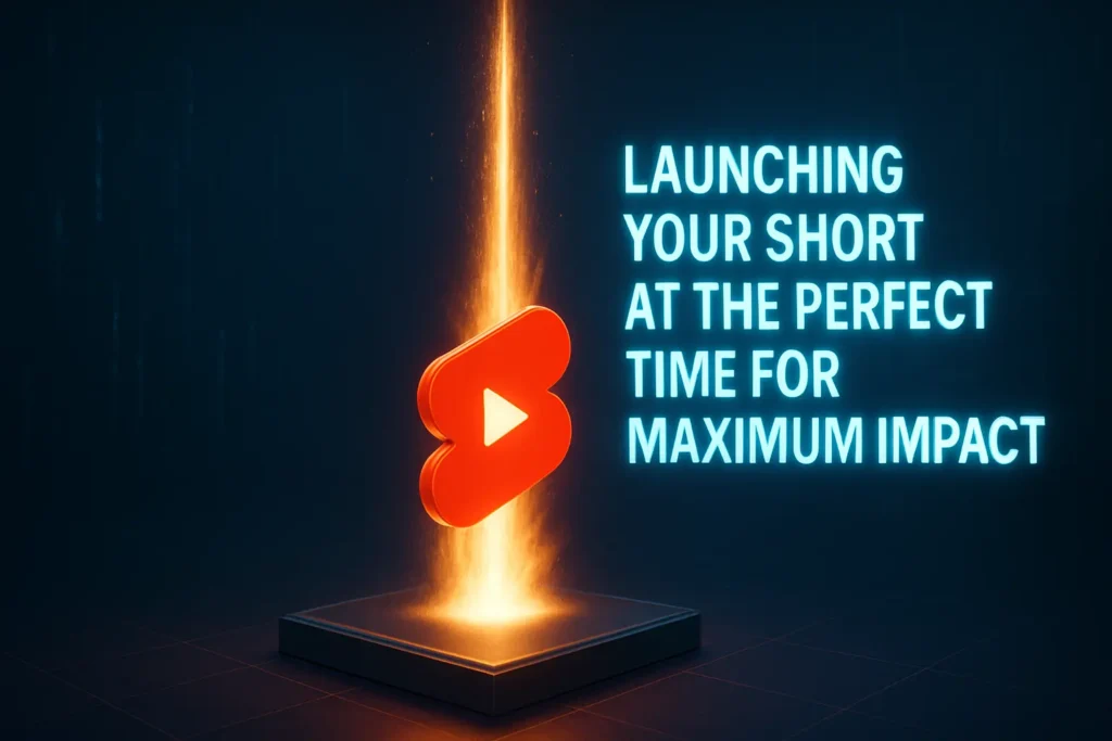 Best Time to Post YouTube Shorts. 3D YouTube Shorts logo launching with glowing blue text.“LAUNCHING YOUR SHORT AT THE PERFECT TIME FOR MAXIMUM IMPACT.”