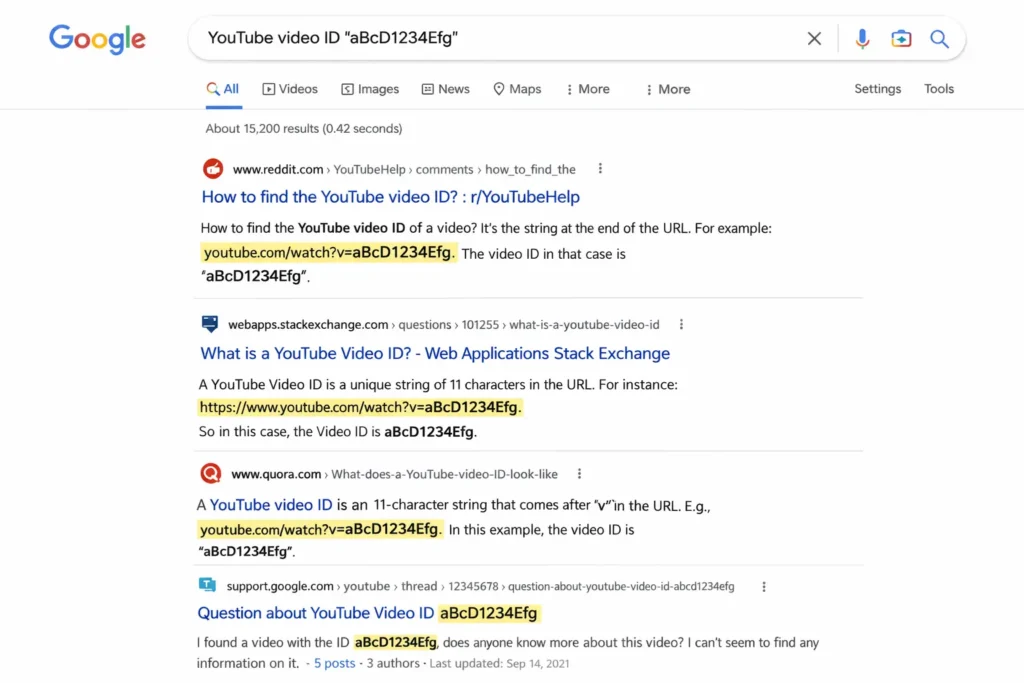 Google search showing a YouTube video ID highlighted to find Reddit and forum mirrors