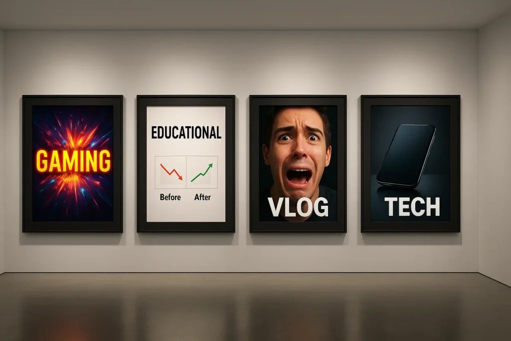 How to Design Thumbnails for Gaming, Vlogs, Tech, and Educational Content Examples of YouTube thumbnail designs for various niches displayed in a gallery, showing how style should adapt to the content type.