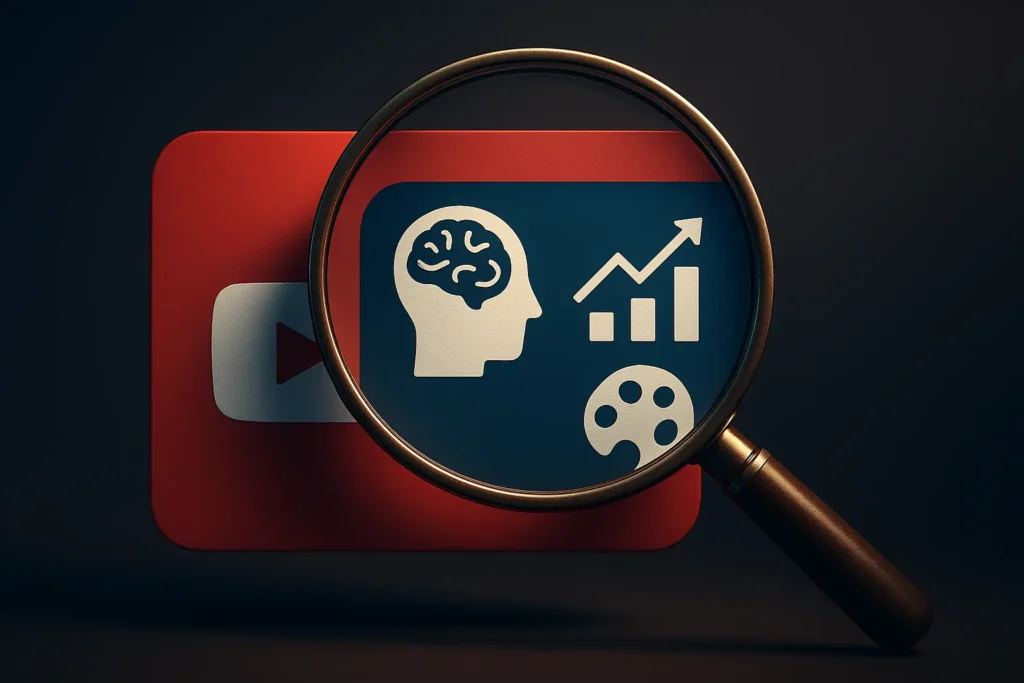 Analyzing the Key Ingredients for a Viral YouTube Thumbnail A magnifying glass held over the YouTube logo, revealing the three core elements of a good thumbnail: psychology (brain icon), growth (CTR chart), and creativity (color palette).