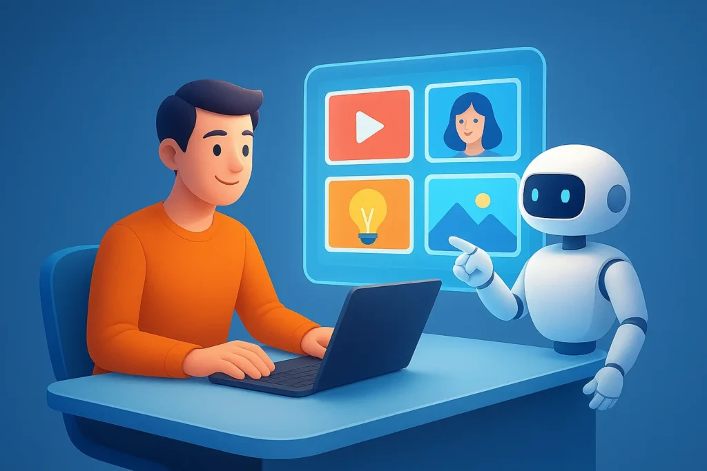 How AI Tools Can Assist Creators with Thumbnail Creation mage showing how an AI thumbnail generator can help a YouTuber by suggesting different designs featuring faces, ideas, and landscapes.