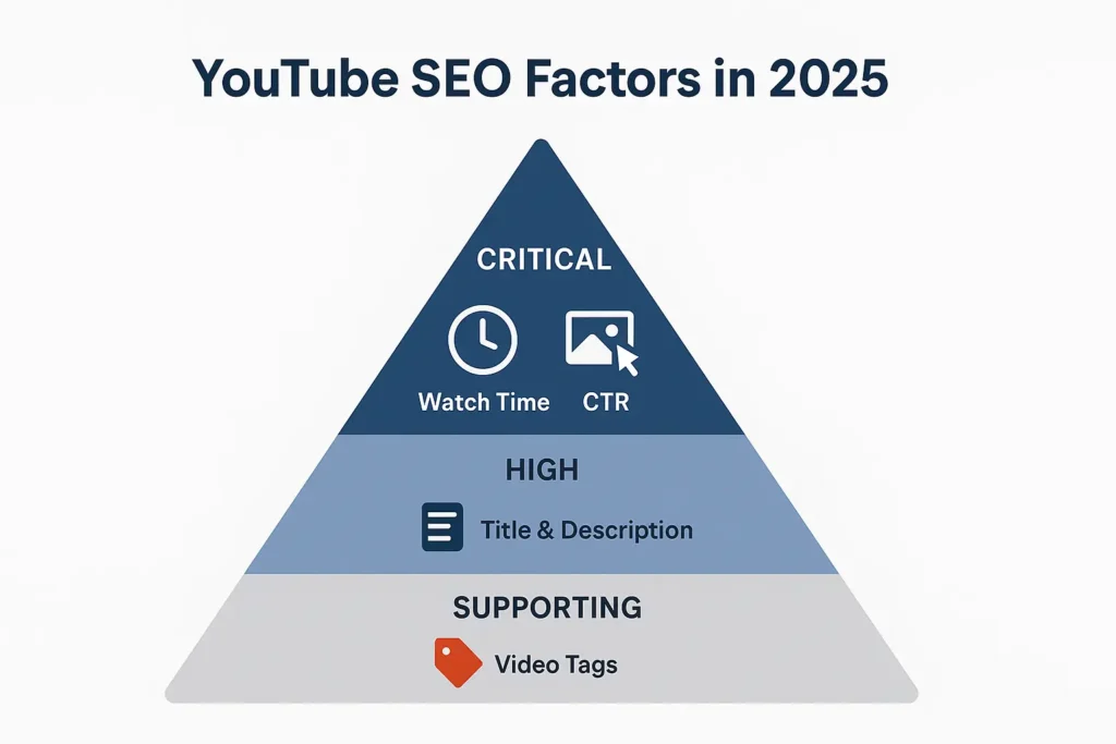 The Hierarchy of YouTube SEO Ranking Factors in 2025 A pyramid infographic detailing YouTube SEO factors in 2025. It shows Watch Time and CTR as 'Critical' at the top, Title & Description as 'High' in the middle, and Video Tags as a 'Supporting' base.