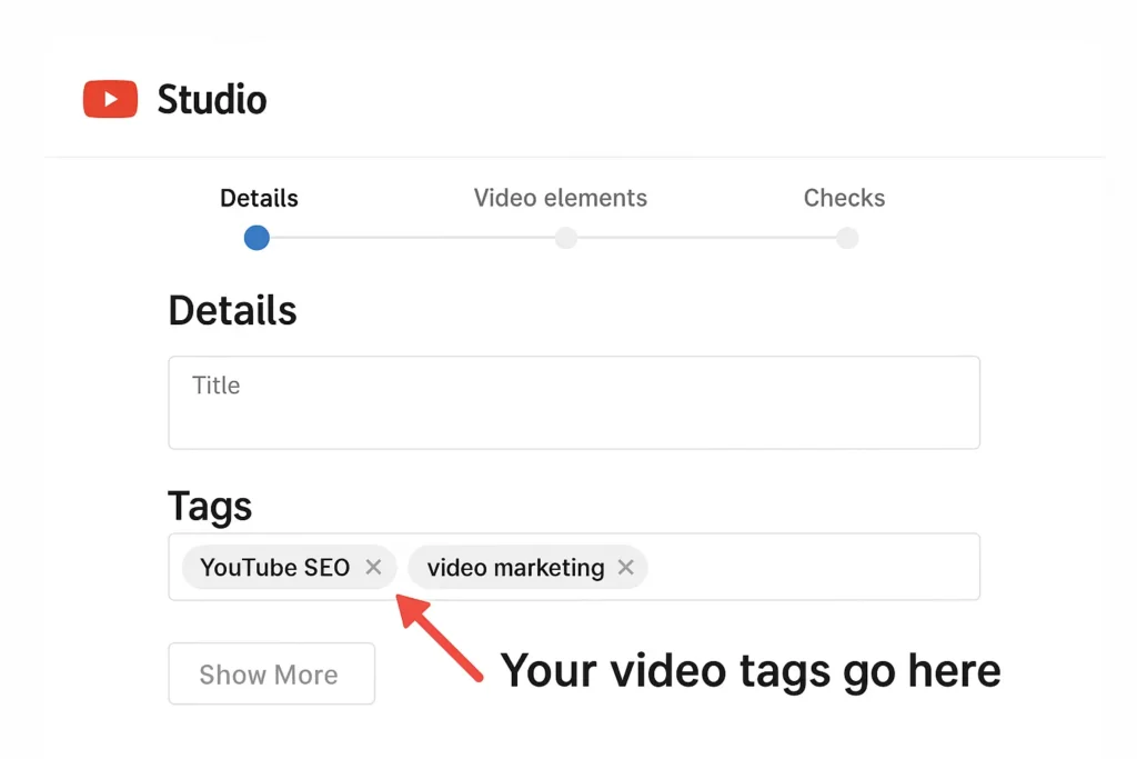 How to Add Tags to Your YouTube Video: A Step-by-Step Visual A screenshot of the YouTube Studio video details page. A bold red arrow points directly to the 'Tags' input box, showing creators exactly where to add their video tags during upload.