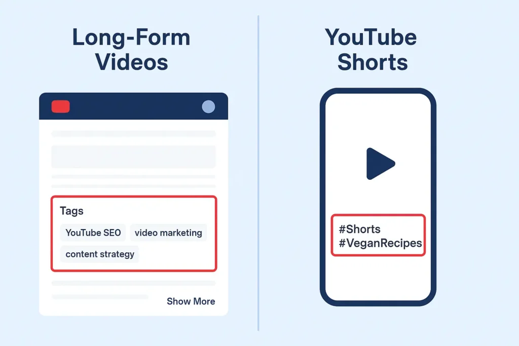 A Visual Guide to Tagging Regular Videos vs. Shorts A side-by-side comparison showing how to tag different YouTube formats. On the left, it shows backend metadata tags for 'Long-Form Videos.' On the right, it shows visible hashtags in the title for 'YouTube Shorts.