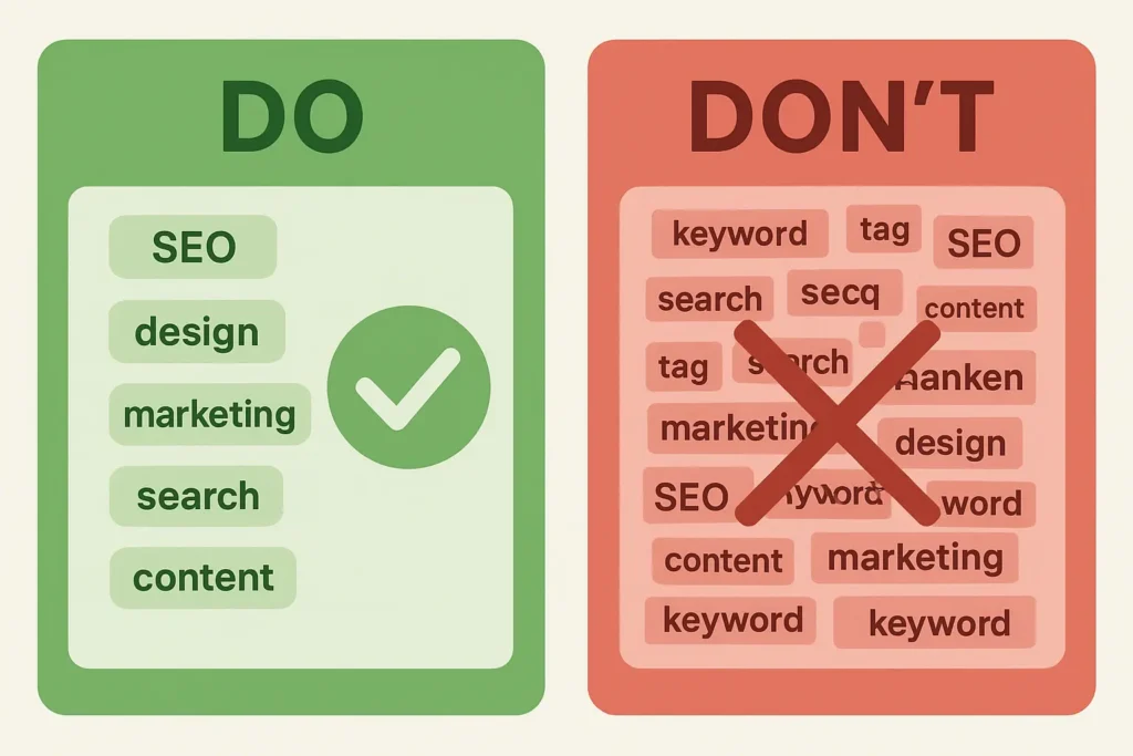 How to Use Tags Correctly vs. What to Avoid A 'Do and Don't' graphic for YouTube tags. The 'Do' side shows a clean, short list of relevant tags with a green checkmark. The 'Don't' side shows a messy cloud of irrelevant keywords, representing stuffing, with a red X.