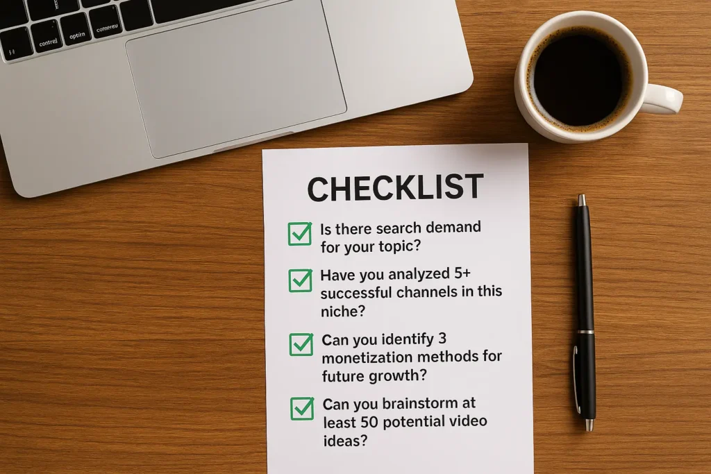 A Checklist for Choosing a Profitable Niche: Research and Validation A creator's desk showing a 'Checklist' for validating a YouTube niche idea, covering steps like analyzing demand and brainstorming content.