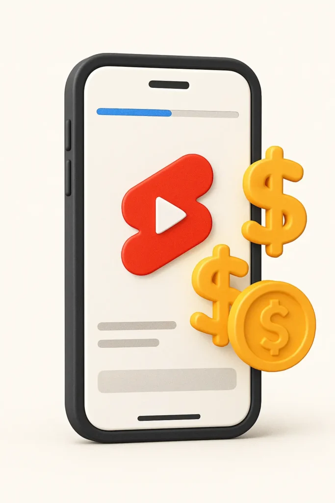 An image symbolizing how creators can earn money from their YouTube Shorts, showing the Shorts logo on a phone next to gold coins.