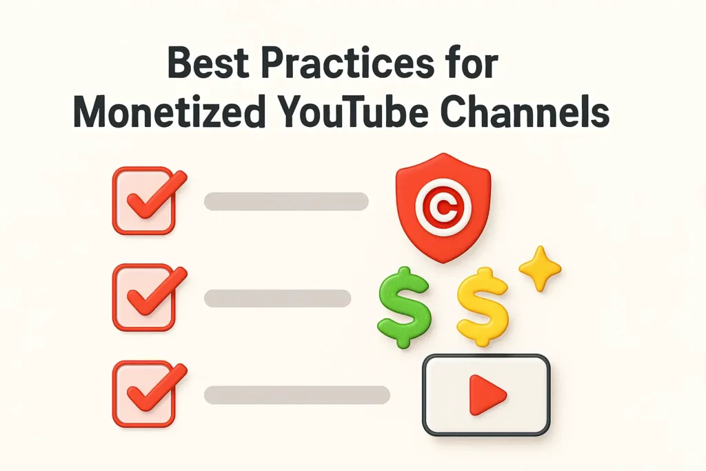 Infographic showing best practices for monetized YouTube channels, with icons for following rules, avoiding copyright issues, and understanding monetization status symbols.