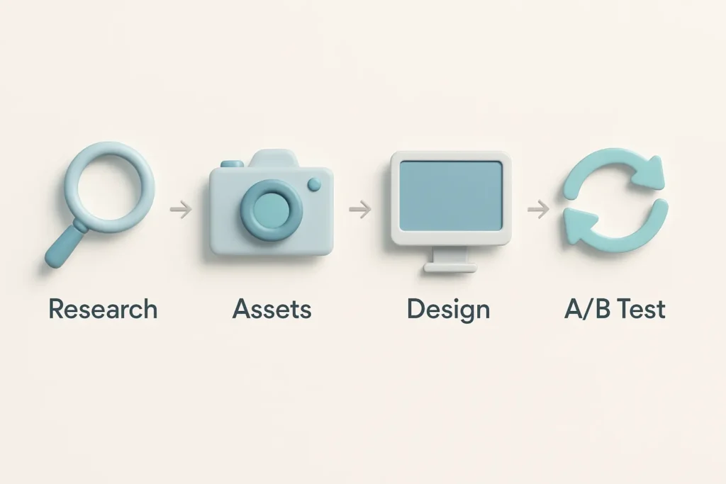 The 4-Step Creative Workflow for Designing YouTube Thumbnails A simple process chart for creating high-quality thumbnails with icons for research, sourcing assets, the design phase, and final A/B testing.