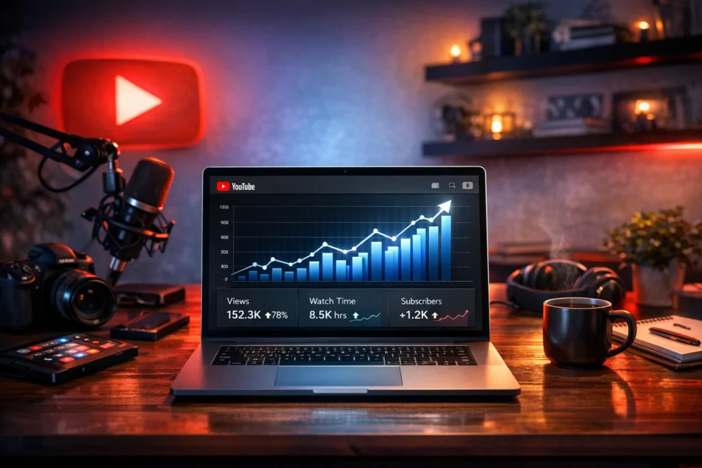 Grow a YouTube Channel in 2026 Blueprint showing analytics and niche planning.