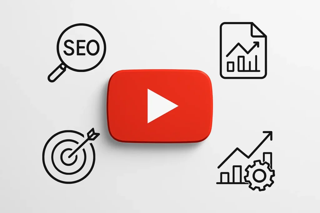 The 3D YouTube logo surrounded by line art icons representing YouTube tags still matter and It is the core components of SEO: keyword research, audience targeting, performance analytics, and channel growth.