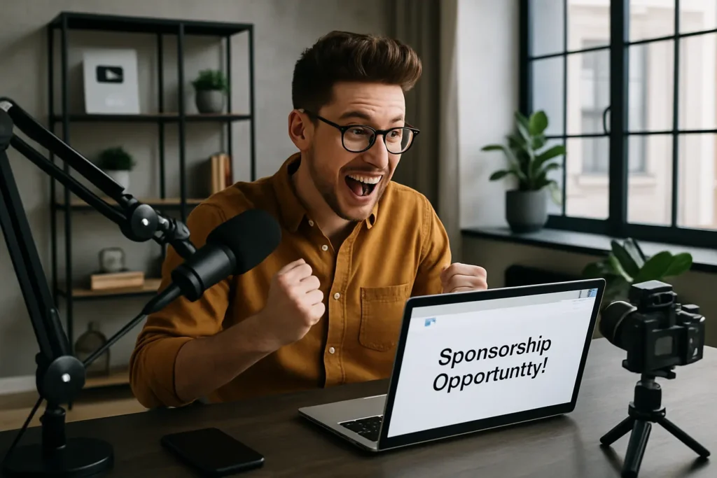 How can i get sponsorship opportunity for my youtube channel A photo of a happy YouTuber looking at his laptop, which displays a message about a new sponsorship opportunity.