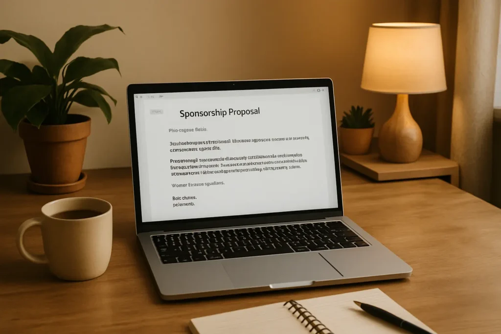 How to write a youtube sponsorship proposal. The process of writing a professional sponsorship proposal, illustrated by a laptop open to a draft document in a quiet workspace.