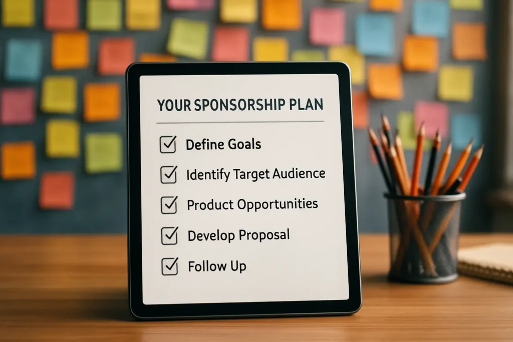 Best sponsorship strategy for youtubers A tablet on a desk displaying 'Your Sponsorship Plan' with a checklist of key steps including defining goals, identifying audience, and developing a proposal.