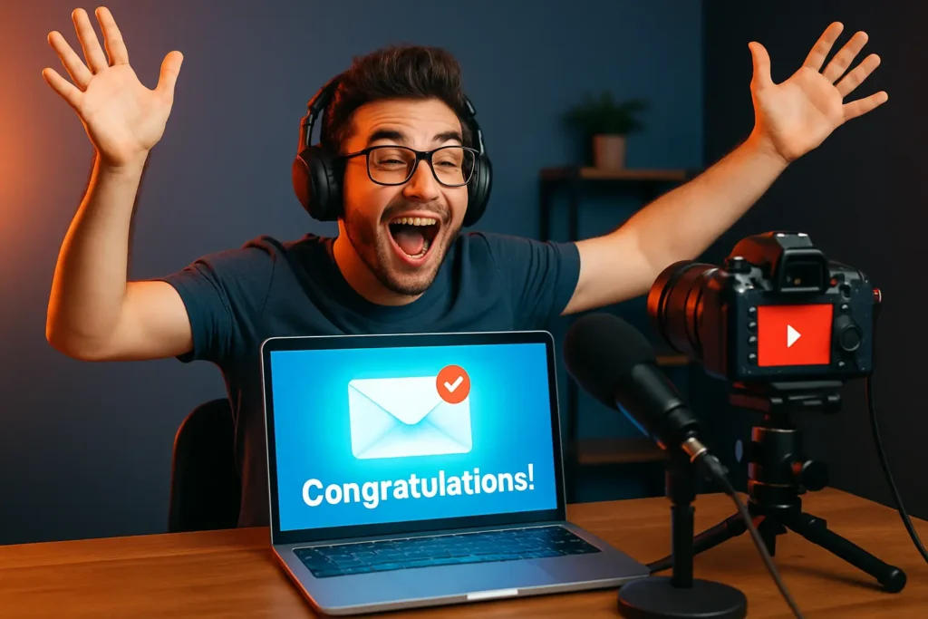 How creators gets first youtube sponsorship An excited YouTuber wearing headphones raises his hands in celebration in front of a laptop showing a 'Congratulations!' email, symbolizing a successful sponsorship pitch.