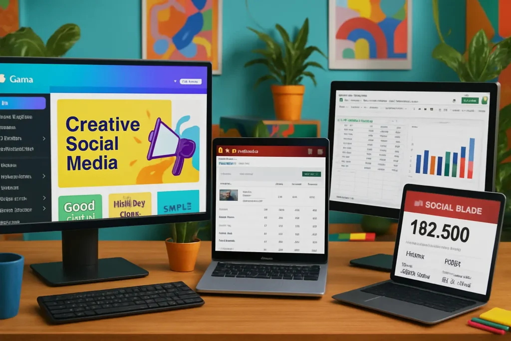 How to manage a youtube channel for sponsorships A content creator's desk with multiple screens showing YouTube analytics, social media design software, and competitor analysis, representing the research needed for sponsorships.