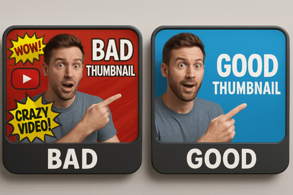 Example of a Good vs. Bad YouTube Thumbnail Design An example of YouTube thumbnail best practices, with the "Good" version having a clean background and simple text, and the "Bad" version being cluttered with distracting graphics.