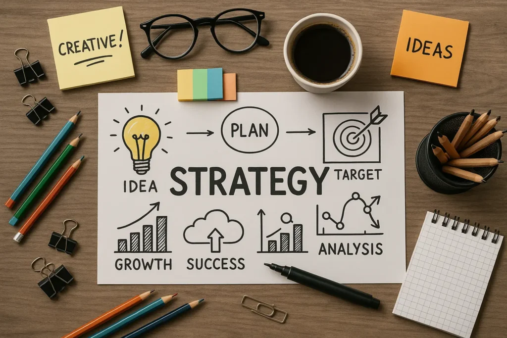How to plan a youtube video A top-down photo of a strategy flowchart showing the process from 'Idea' to 'Target,' representing the pre-production and planning stage of making a YouTube video.