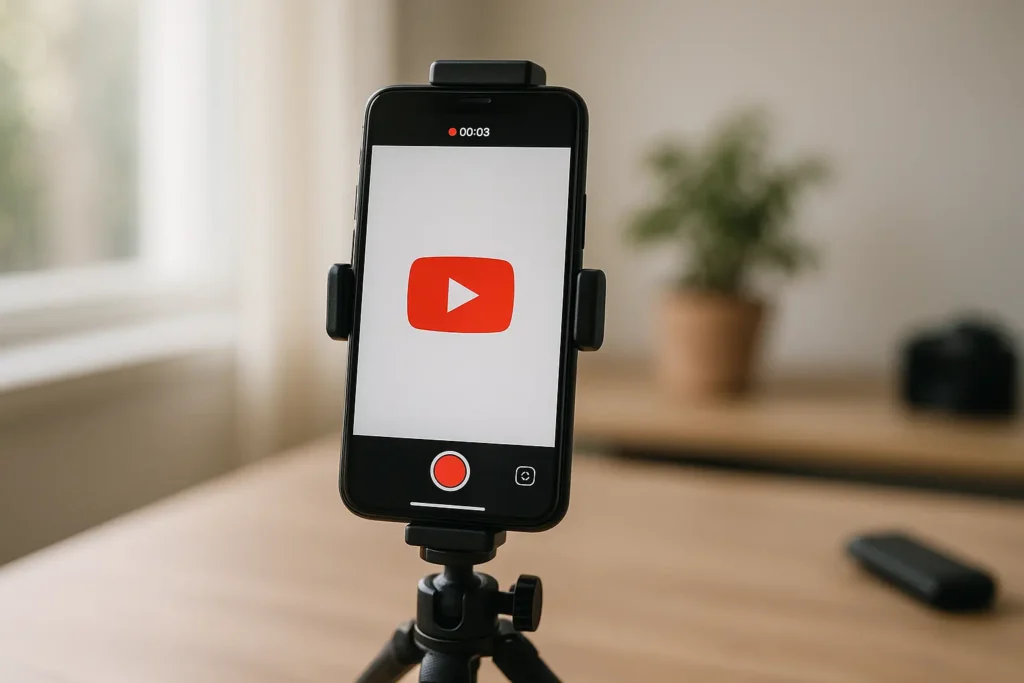 How to record youtube videos on your phone | Beginner camera setup A close-up of a smartphone on a tripod, set up to film a YouTube video, illustrating that you don't need expensive gear to get started.
