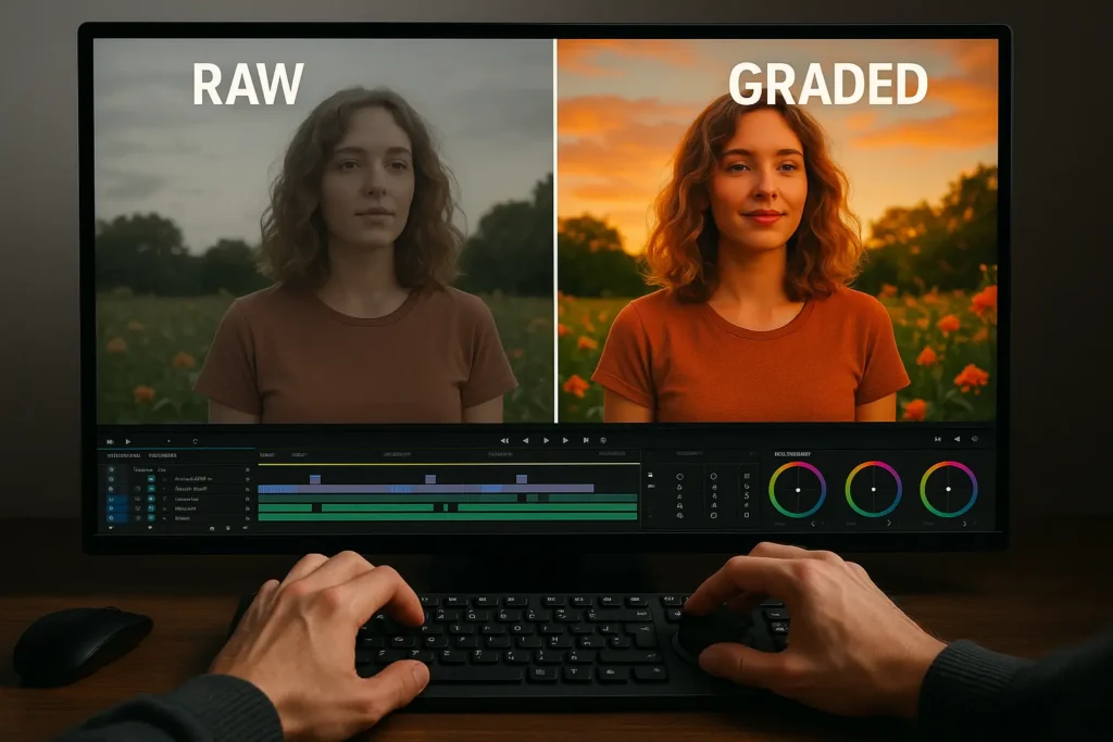 Professional video editing color grading | For youtube videos An image illustrating how color correction and grading can transform a flat, dull video into a cinematic, professional-looking YouTube video.