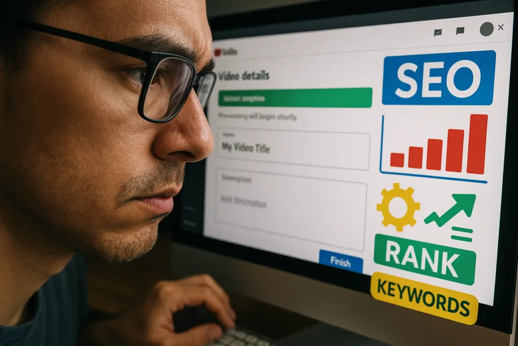 How to rank youtube videos | SEO optimization of title and description A creator looking closely at the YouTube upload screen, optimizing the video title and description for SEO to improve the video's rank and discoverability.