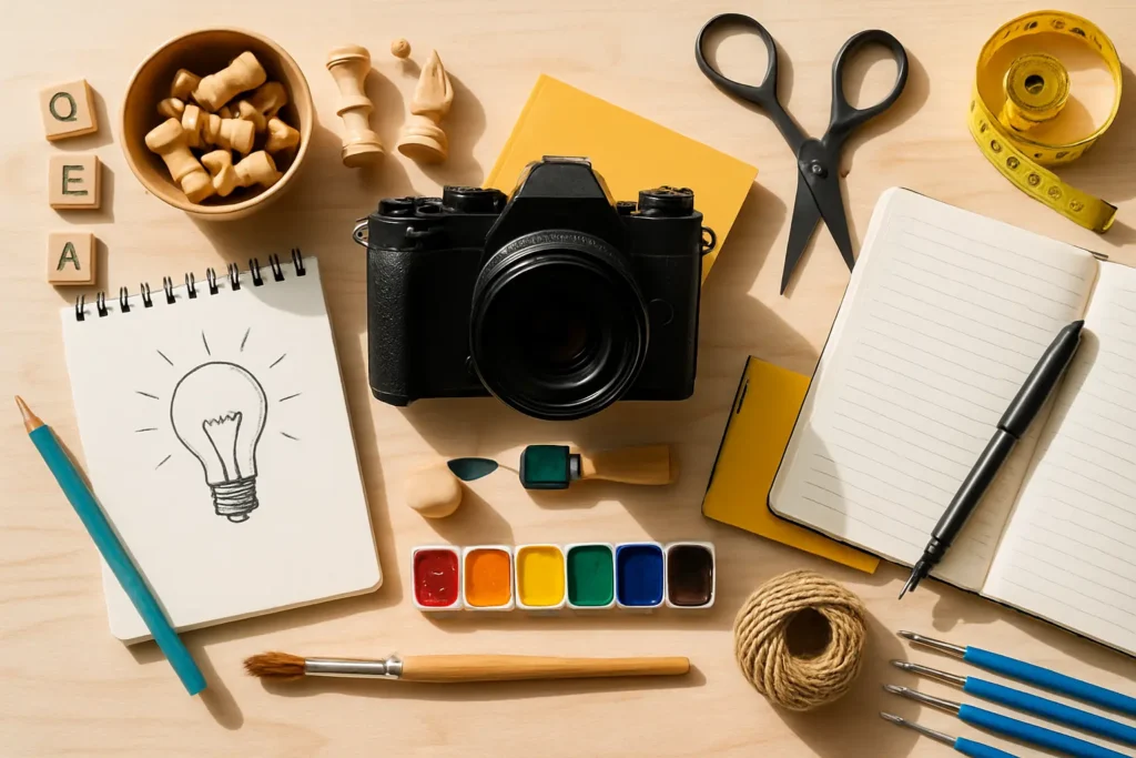 A top-down photo of a desk with various hobby items, where a person's hands are choosing a camera to focus on, representing the creator advice to find your niche on YouTube.