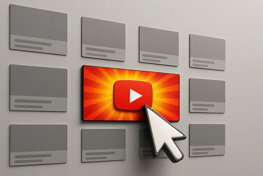 How a Great YouTube Thumbnail Gets Clicks and Boosts CTR Image showing how an eye-catching youtube thumbnail attracts clicks on YouTube by being more vibrant and visually appealing than the competition.