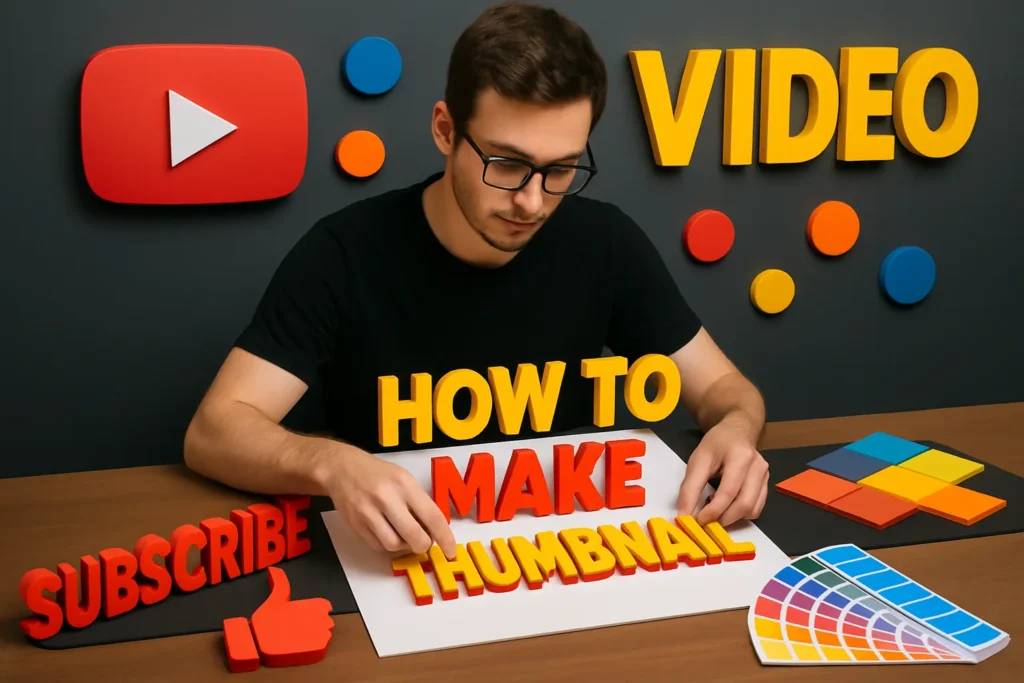 Breaking Down the Key Elements of Thumbnail Design for Creators A 3D illustration of a content creator at a desk assembling 3D letters that spell out "HOW TO MAKE THUMBNAIL" surrounded by design elements like color swatches and a subscribe button.