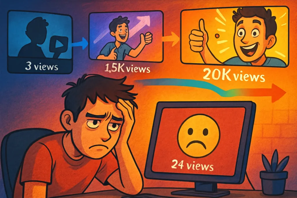 Why your first youtube videos get no views
A discouraged creator looking at his computer with only 24 views, illustrating the common challenge for beginners of how top YouTubers got started with no audience.