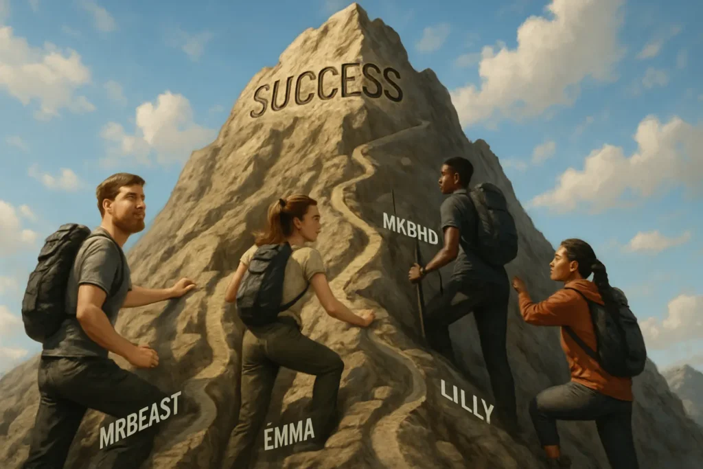 The journey of Youtubers success stories & motivation A motivational image showing top creators on their path to success, representing the advice and lessons from their early days.