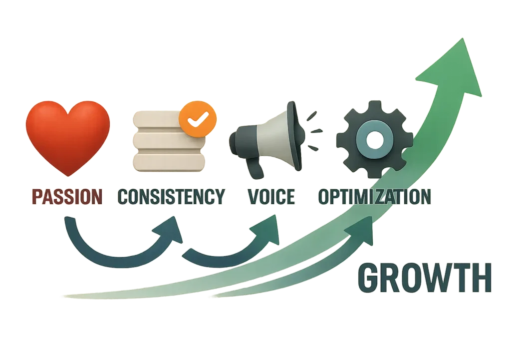 Keys of youtube success for beginners A graphic showing the path to YouTube 'Growth' fueled by 'Passion,' 'Consistency,' 'Voice,' and 'Optimization,' representing a successful channel strategy.