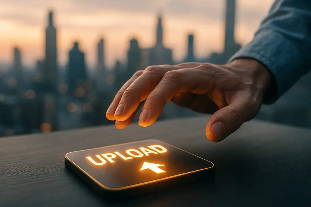 Taking the first step on youtube & Upload Video A cinematic photo representing the advice for new YouTubers to take action and upload their first video.