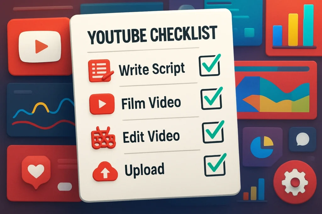 Youtube checklist for beginners guide to making videos An icon-based checklist for new YouTubers, showing the four key steps of the content creation workflow before publishing a video.