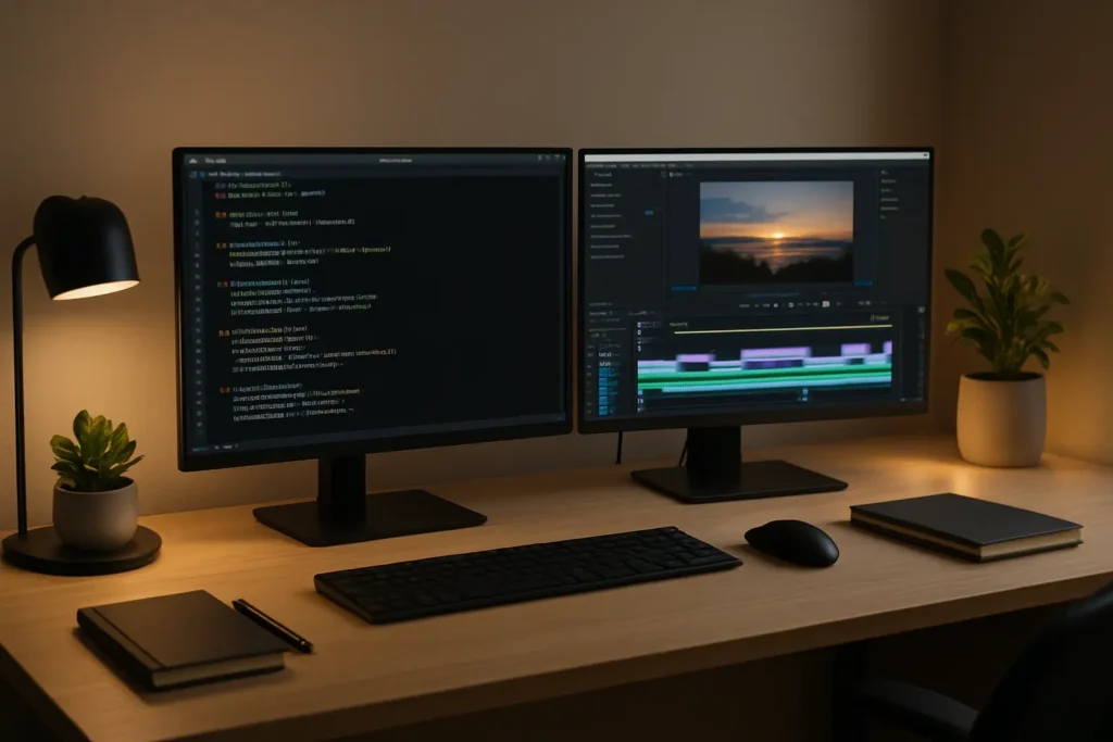 Profitable YouTube Niche Idea: Coding and Video Editing An image representing the profitable YouTube niche of tech tutorials, where creators teach skills like coding and video production.