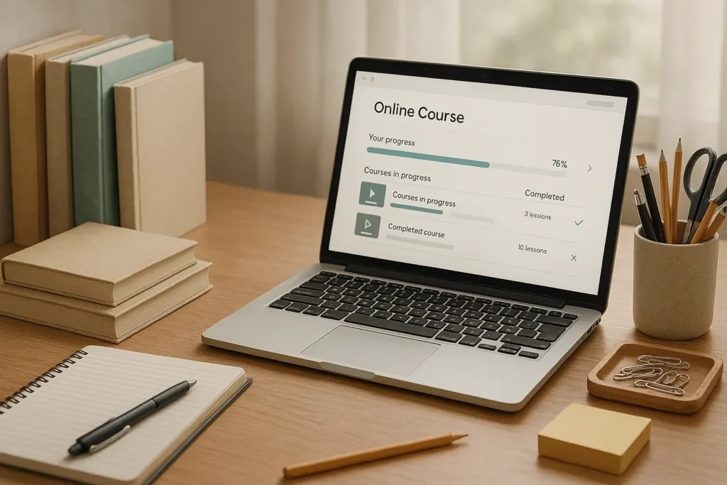 Skill Development as a YouTube Niche: Online Courses A laptop displaying an 'Online Course,' representing the high-profit monetization potential of the Education and Skill Development niche on YouTube.