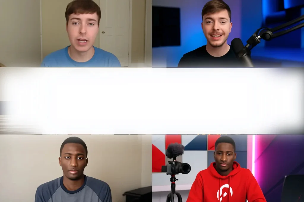Humble beginnings of world famous youtubers A collage showing the 'before and after' of top YouTubers like MrBeast and MKBHD, contrasting their simple, humble beginnings with their current professional look.