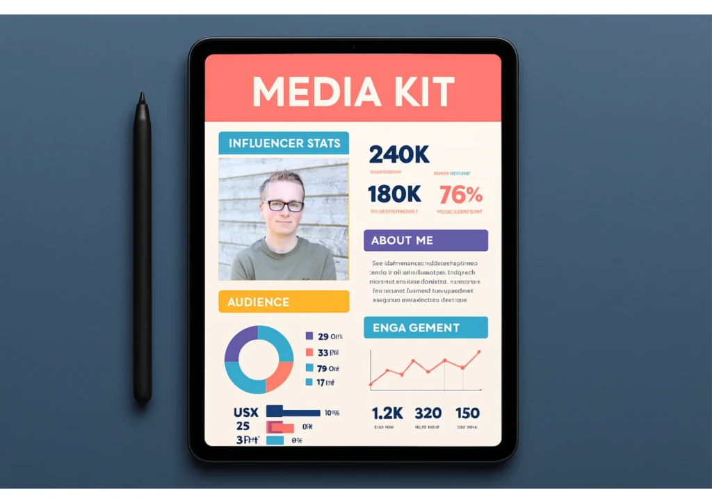 Youtube sponsorship media kit | template A digital tablet displaying a professional YouTube media kit with sections for influencer stats, audience demographics, and engagement rates, which is essential for getting sponsorships.