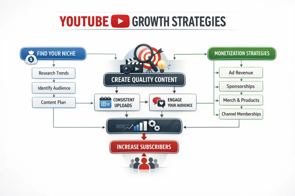 Flowchart of YouTube Sustainable Growth Strategies for new creator including niche selection, CTR optimization, retention, monetization layers, clean infographic style.