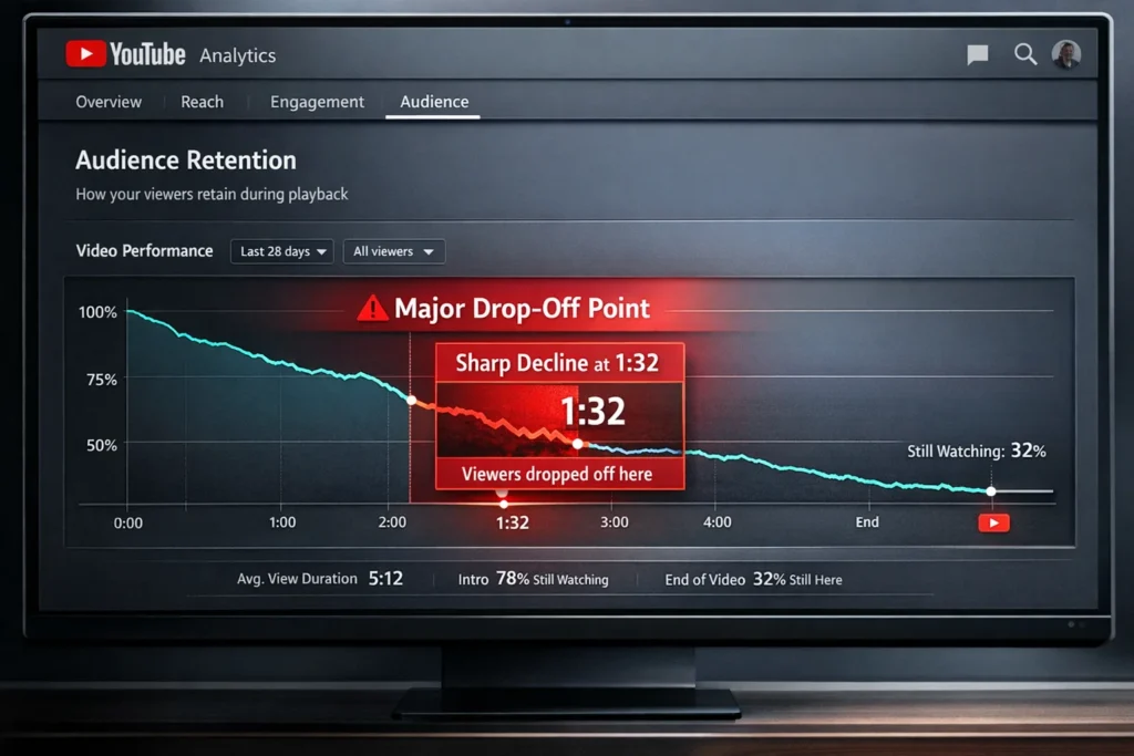 YouTube audience retention graph with drop-off point highlighted, clean analytics dashboard style.