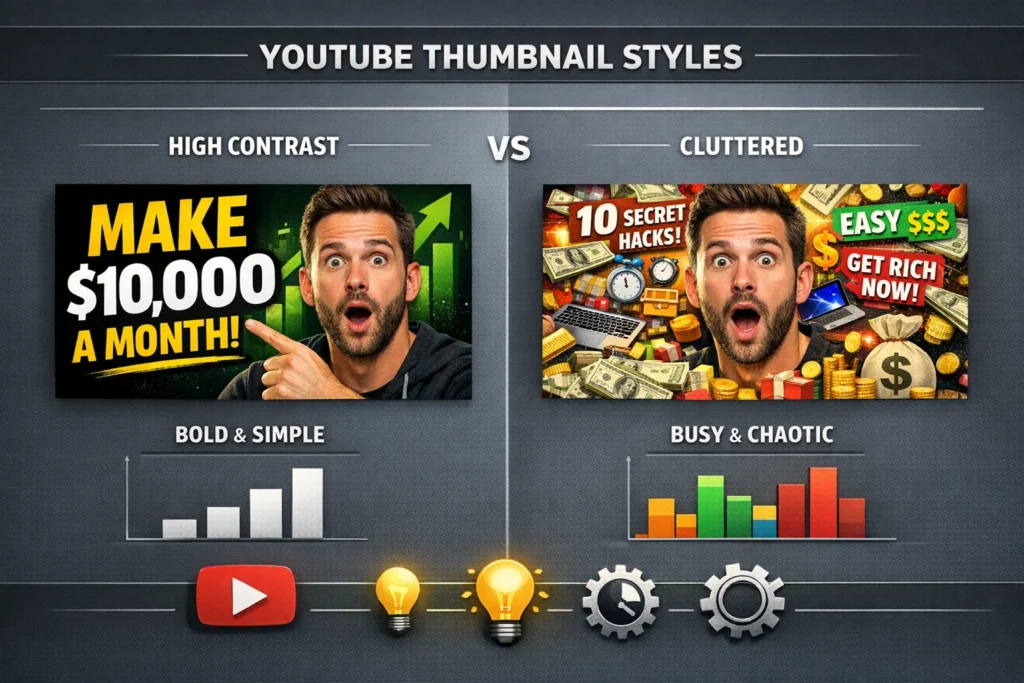 Comparison grid of high contrast YouTube thumbnails vs cluttered thumbnails, educational infographic style, clean labels, professional.