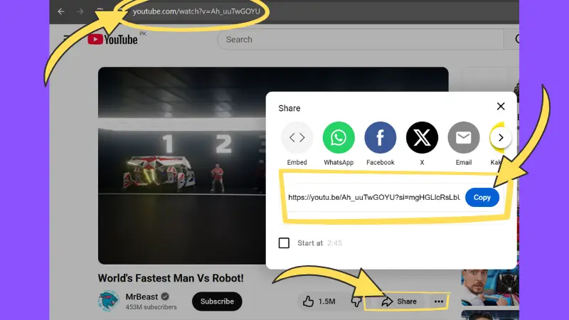 A user clicking the Share button on YouTube to copy the video link, the first step to use a YouTube thumbnail downloader.